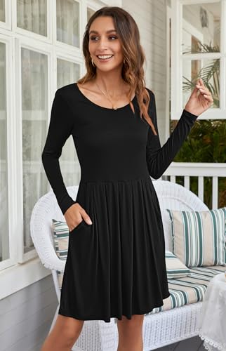 Auselily Women's Long Sleeve Pleated Loose Swing Casual Dress With Pockets Knee Length Black M - 2