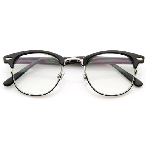 zeroUV - Optical Quality Horned Rim Clear Lens RX'able Half Frame Horn Rimmed Glasses (Black-Silver),One size
