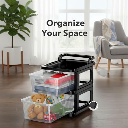 Image of Aliensware 2Layer Plastic Storage Drawer Organizer with Wheels, Modular Cabinet for Home, Office, School, Hospital, Parlor, Morden Kitchen,Clothes, Toys Organiser for Kids Room-Aliens-Clear Black