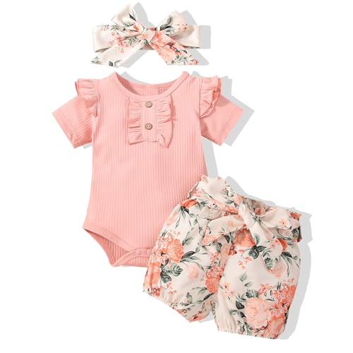 Image of JOPGEEY Toddler Girls Fall Clothes Infant Outfits 2 PCS Short Sleeve Romper Top with Denim Shorts Jeans Pants 0-3 years