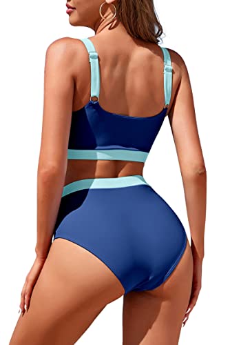 Image of Womens High Waisted Bikini Sets Sporty Crop Top Color Block Swimwear Bandeau Scoop Neck Vintage Two Piece Bathing Suits