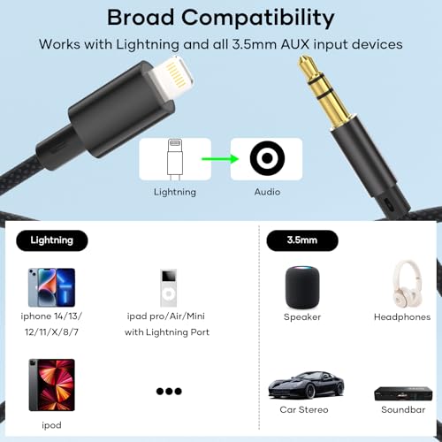 Deuomerk Aux Kabel Auto 1.2M für iPhone, [MFi Zertifiziert] 3,5 mm Aux Auf Lightning Kabel HiFi Audio Cable Kompatibel mit iphone 14/13/12/11/X/8/7 für Auto/Kopfhörer/Lautsprecher, Schwarz