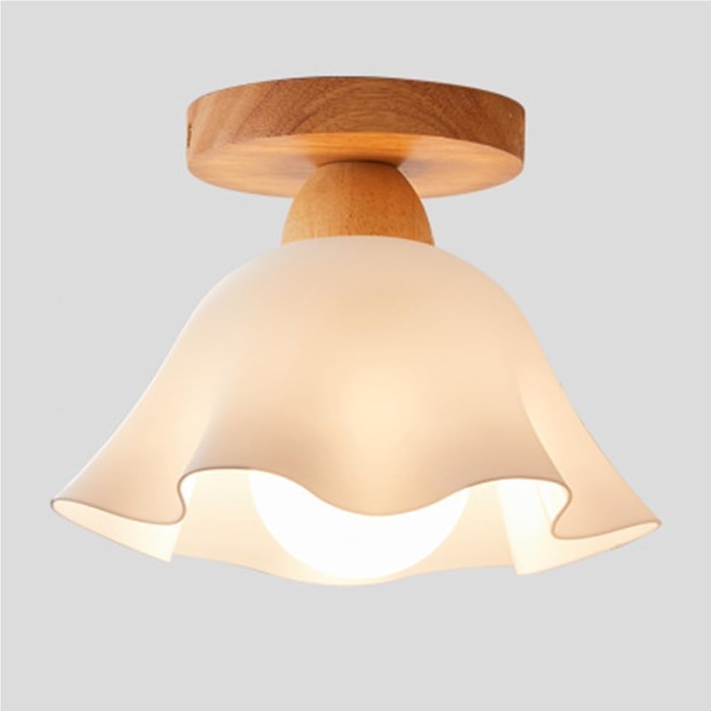 Nordic Wood Semi Flush Mount Ceiling Lamp White Acrylic Pendant Shade Modern 8.66in E26 Close to Ceiling Light Fixture for Bedroom Hallway Entryway Stairs Closet Kitchen Corridor