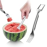 Cortador de sandía, cortador de frutas de acero inoxidable, 2 en 1, tenedor de sandía, cortador de frutas, herramienta de corte de sandía de doble cabezal para cocina