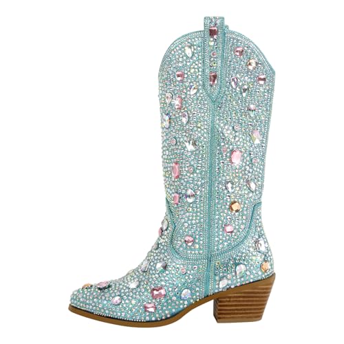 Image of Richealnana Sparkly Rhinestones Cowboy Cowgirl Style Boots Calf High Boots for Women 2INCH Heeled Shining Pull On Tabs