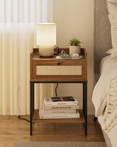 Image of Masupu Nightstand with Charging Station, Modern Bedside Table Night Stand with Storage Drawer and Shelf,Small End Side Table for Bedroom,Living Room,Walnut Brown