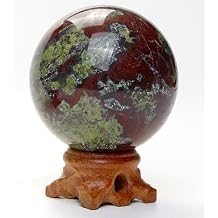 65mm Natural Dragon Blood Stone Sphere with Wood Stand Healing Crystal Ball Mineral Gemstone Divination Energy Chakra Sculpture Figurine for Fengshui