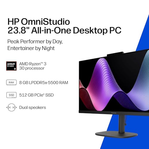 Image of HP OmniStudio 23.8 inch All-in-One Desktop PC, FHD Display, AMD Ryzen AI 5 40, 16 GB RAM, 512 GB SSD, AMD Radeon Graphics, Windows 11 Home, Jet Black, 24-cv0150 (2026)