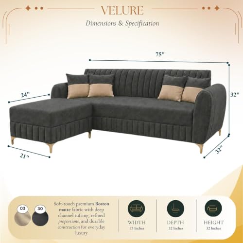 Image of CASASTYLE Signature Velour 4-Seater L-Shape Sofa Set with Movable Ottoman | Flexible LHS /RHS Layout | Boston Matte Fabric | 40D Foam + Zigzag Spring | 3-Yr Warranty (Ash Grey)