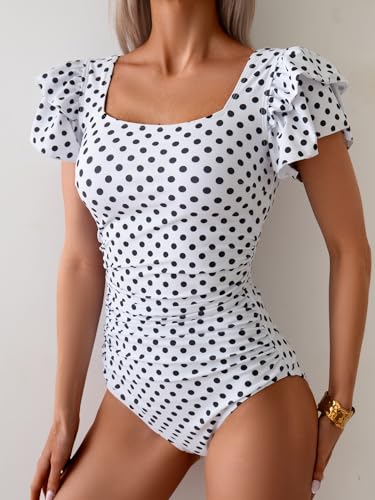 Image of Eomenie Women's Tummy Control One Piece Swimsuit Ruffle Square Neck Bathing Suit Ruched Cutout Back Slimming Swimwear