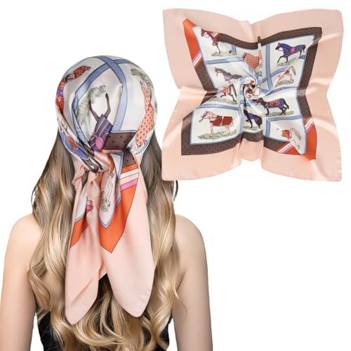 EXTREE Fashion Silky Satin Headscarf for Women Girls: Exquisite Pattern Lightweight Silk Graceful Scarfs 27.5 x 27.5 inches Pink Edge Pony Puzzle