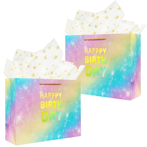 JUNENTER 2個入り 11.7インチ ミディアム ハッピーバースデーギフトバッグ ハンドル付き 女性 男性 男の子 女の子 子供 赤ちゃん用 ゴールドペーパーバッグ ティッシュペーパー付き
