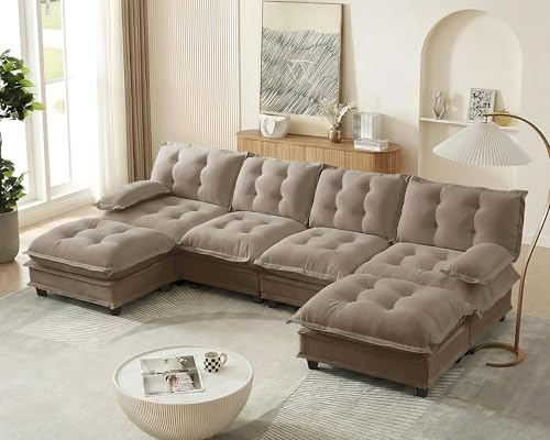 Image of 139 inch Sectional Sleeper Sofa with Ottoman, U Shaped Modular Deep Seat Couches for Living Room Apartment, Flexible Module Combination Cloud Sofa with Spring Support, Easy Assembly, Coffee
