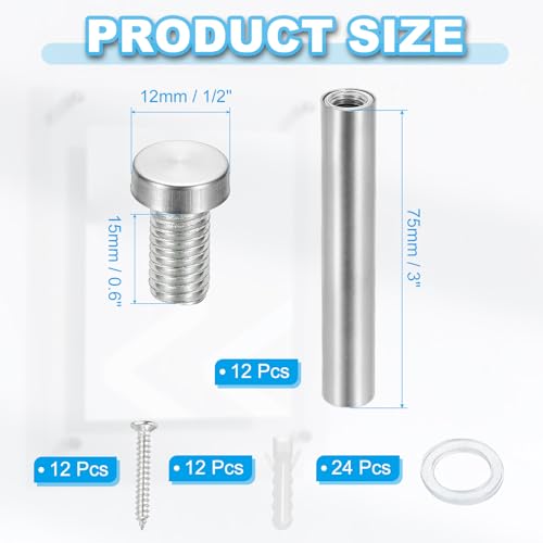 Image of PATIKIL 1 /2 inch x 3.2 inch Standoff Screws, 12 Pack Stainless Steel Wall Mount Sign Standoffs Mounting Hardware Advertising Nail for Hanging Acrylic Picture Frame, Silver