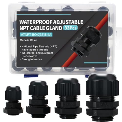AIRTAK Electrical Conduit Fittings 33 Pack Adjustable 3-18mm Nylon PA66 Cable Glands Waterproof NPT1/4” NPT3/8” NPT1/2” NPT3/4” Cord Grip Strain Relief with Gaskets in PP Plastic Box
