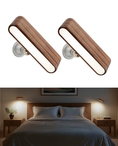Wood LED Wall Sconce Magnetic 360°Rotate Mounted Mini Lamp Brightness Adjustable Nightlights Rechargeable Battery Powered Reading Light for Bedside Hallway Living Room Black Walnut Set of 2