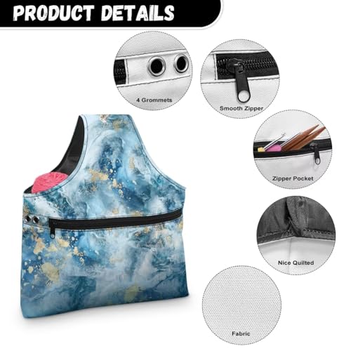 Image of KUIFORTI Yarn Bag, Portable Crochet Bag Organizer Blue Marble Yarn Storage Bag Organizer Knitting Accessories Travel Wrist Bag, Lightweight Yarn Tote Bags for Crocheting on The Go, Large Size