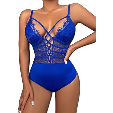 Buitifo Women Sexy Bodysuit One Piece Babydoll Lingerie Lace Teddy Negligee (Blue,L) Cover
