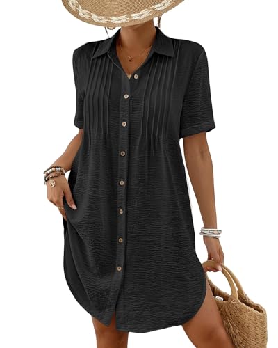 Bsubseach Swimsuit Coverup for Women V Neck Bathing Suit Cover Up Short Sleeve Causal Bikini Button Down Shirt