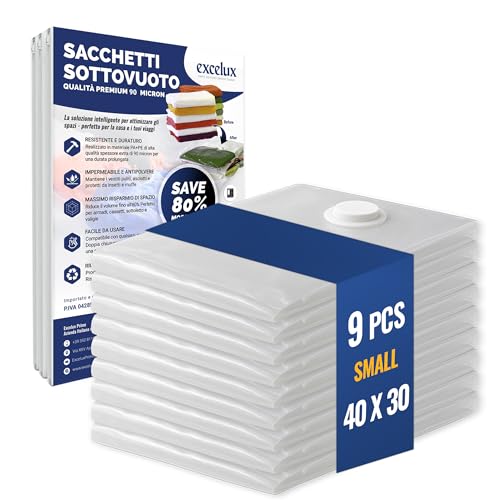 Excelux 9 Sacchetti Sottovuoto Vestiti Piccoli 30X40 Extra Spesse 90µm – Sacchi Sottovuoto da Viaggio per Valigia – Buste Sottovuoto Per Zaino – Vacuum Bags Travel Small 40x30