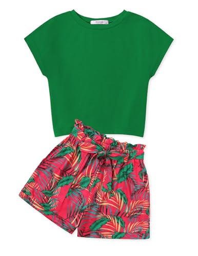 Image of Arshiner Girl's Outfits Pocketed Summer Short Sets Green Floral Leaf Boho Clothes Sets for Tween Girls Size 9-10