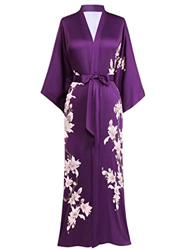 BABEYOND Kimono Dressing Gown Floral Printed Kimono Robe Long Satin Kimono Dress Cover Up for Women Wedding Pyjamas Party 135cm/53inches (Purple)