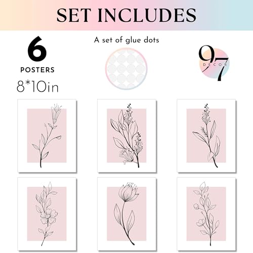 97 Decor Pink Botanical Wall Art - Pink Flower Wall Art Blush Floral Prints, Minimalist Plant Line Art Poster, Light Pink Flower Pictures Wall Decor, Botanical Artwork for Bedroom (8x10 Unframed) - Image 3