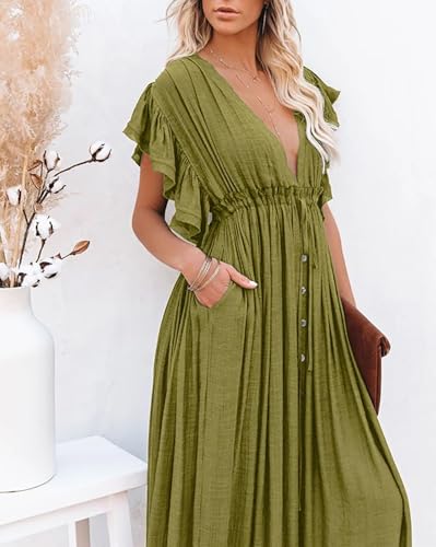 Image of R.Vivimos Maxi Dresses for Women 2026 Summer Short Sleeve V Neck Drawstring Tie Boho Loose Flowy Long Dresses with Pockets