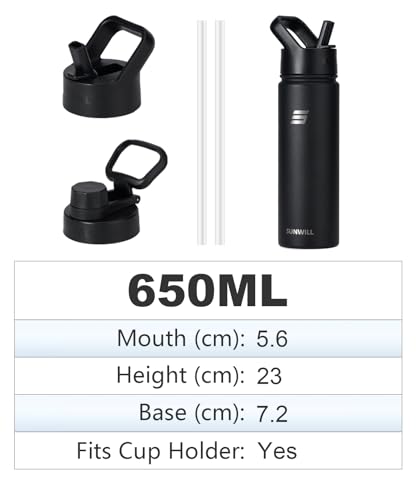 SUNWILL Metal Water Bottle with Straw Stainless Steel, 650ml Insulated Leakproof Thermal Flask for Cold and Hot Drink, Travel, Sports, Gym, Black - Image 5