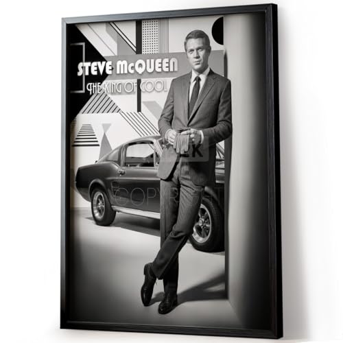 Tomaok® - Poster Impression affiche d'art (Cadre Non Fourni) Portrait acteur Steve McQueen Bullit avec voiture Mustang GT390 Fastback de 1968