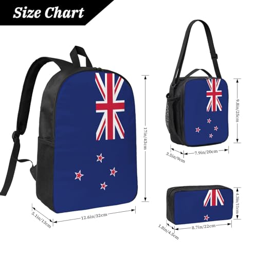 New Zealand Flag print Backpack Bookbag for Daily Use,3 Pcs Backpack Set with Lunch Box and Pencil Case4