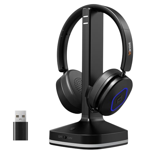 Wantek Wireless Headset with Mic, On-Ear Bluetooth Headset with Noise Cancelling Microphone, USB Dongle, Mute Button & Charging Base for PC, Laptop, Work, Zoom, Teams, Online Meetings, Home Office
