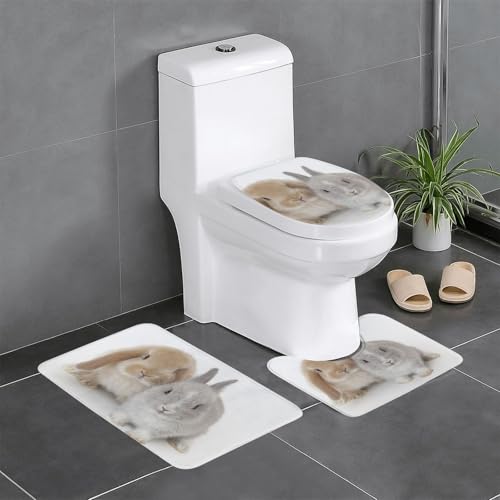 兎 動物図案 ウサギさん トイレマット 3点セット フタカバー 浴室足ふきマット 吸水 速乾 滑り止め 抗菌 防臭 洗える ふわふわ プレゼント 40x60cm