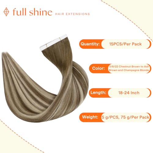 Image of Full Shine Wide Tape in Extensions, Ash Brown Beige Blonde 18 Inch | 75g 15 PCS, Invisible Remy Tape Ins Human Hair Extensions, 8cm Weft, Added Fullness, Straight Finish, Occasion Styling