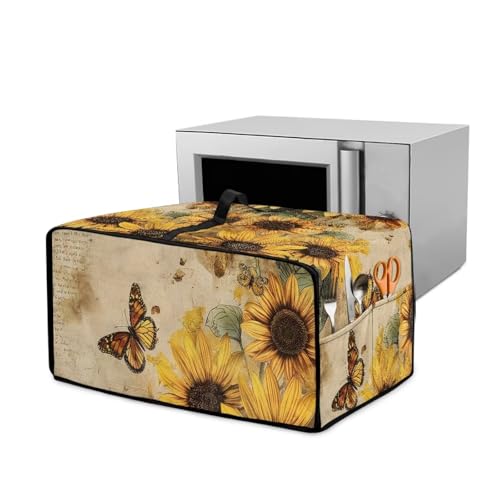 Wanyint Funda pequeña para horno tostador, poliéster con aspecto de lino, asa superior y bolsillo lateral, decoración de cocina para el hogar, 47 x 37 x 23 cm, girasol mariposa retro