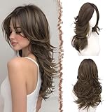 FESHFEN Peluca Largas Onduladas para Mujer Natural Pelucas de Pelo Sintética Resistente Wig para Uso Diario en Fiestas Cosplay, 55 cm Castaño con Reflejos