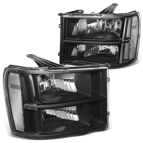 DNA MOTORING Pair Headlight Assembly Compatible With 07-13 GMC Sierra 1500/07-14 Sierra 2500 HD 3500 HD Black/Clear HL-OH-GMCSIE07-BK-CL1