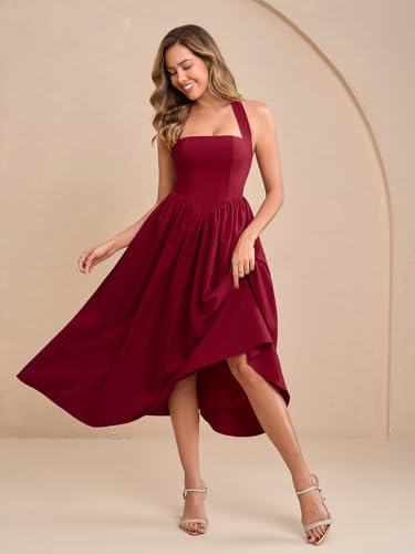 Image of Parthea Women's Floral Halter Corset Midi Dress 2026 Elegant Smocked Flowy Wedding Guest Dresses with Pockets