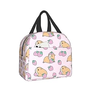 carati Insulated Lunch Bag Women Reusable Cute Tote Lunch Box for Men Leakproof Cooler Lunch Bags for Work Office Travel Picnic Pink Guinea Pig And Strawberry