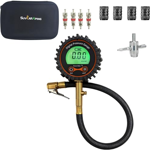 Image of SUVCARMPING 250 PSI Digital Tire Pressure Gauge, Heavy Duty Tire Deflator with Gauge & Backlit LCD (±1% Accurate), Professional Air Pressure Gauge Kit with 4-Way Valve Tool, Caps Cores for Car Truck