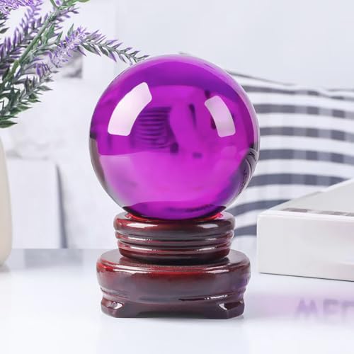 Purple Crystal Ball for Photography,Transparent Crystal Ball Ornaments,Feng Shui Scrying Sphere with Wooden Stand for Home, Offi
