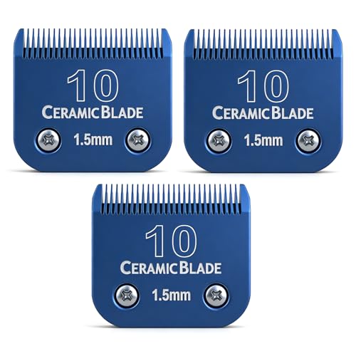 BLOTMS 3-Packs Detachable Ceramic Blade Kit for Pet Clippers with Size 10 - Cut Length 1.5mm (1/16) Compatible with Andis Oster A5 Wahl KM10 Clippers & Similar Models (Blue)