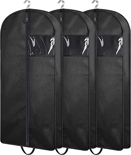 MISSLO 109CM Gusseted Hanging Garment Bags for Clothes, Zippered Suit Bag Carriers for Women Men Suit Covers with Handles for Dresses, Coats Storage and Travel (3 Packs, Black)