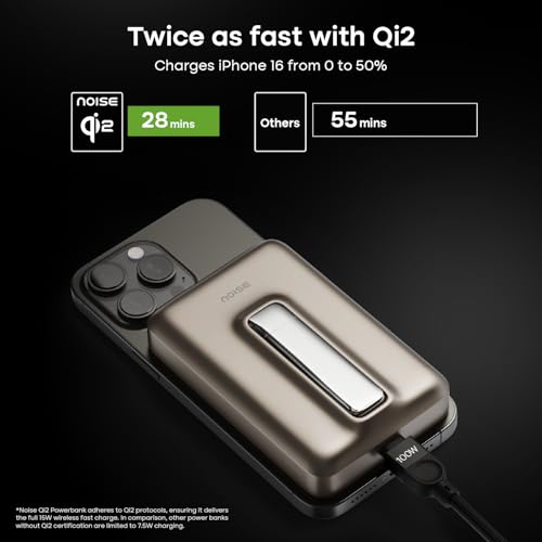 Image of Noise Qi2 Certified MagSafe Wireless 10000mAh Power Bank + 65W Type-C to Type-C Braided Cable (1M):Built-in Stand,15W Wireless & 22.5W Wired Output, Strong Magnetic Hold, for Android & iPhones-Onyx