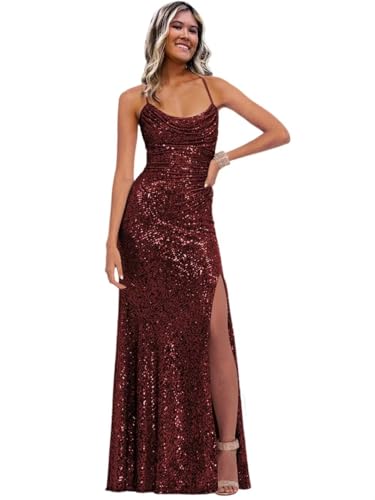 Image of Stylefun Women's Halter Mermaid Prom Dresses with Slit Long Sequin Formal Cocktail Party Dress STN027