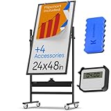 Tableau blanc magnétique à roulettes 60 x 120 cm - Grand tableau effaçable à sec portable avec support - Tableau blanc double face avec chevalet et roulettes - Tableau blanc mobile sur pied