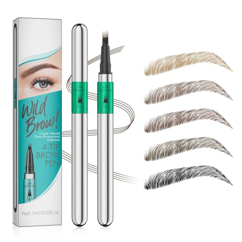 Lápiz de cejas Microblading resistente al agua, lápiz de cejas con 4 puntas de microhorquilla, resistente a las manchas, dibujo de pelo, secado rápido, natural y fluido (marrón)