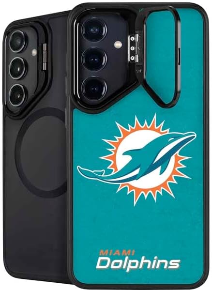 Skinit Kickstand Phone Case Compatible with Galaxy S24 FE - Officially Licensed NFL Miami Dolphins Distressed- Aqua Design