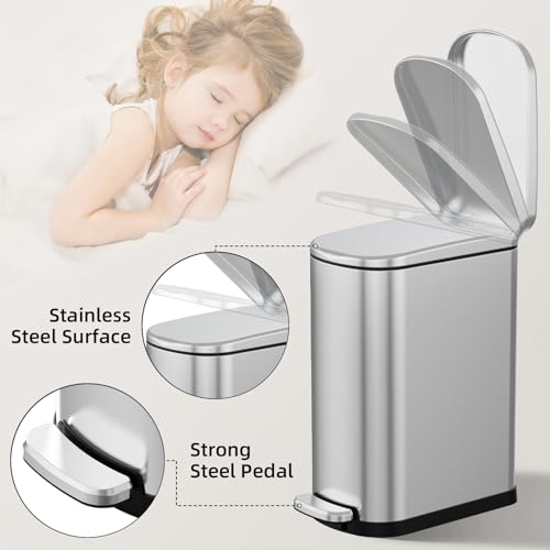 Image of KUK Slim Bathroom Trash Can with Lid, 2.6 Gallon (10 L) Stainless Steel Step Small Garbage Can with Removable Inner Bucket, Soft Close, Anti-Fingerprint Finish (Silver)