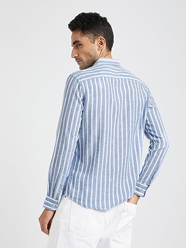 Image of THE BEAR HOUSE Men Blue Vertical Striped Slim Fit Cotton Linen Casual Shirt|TBH-IDI-BL